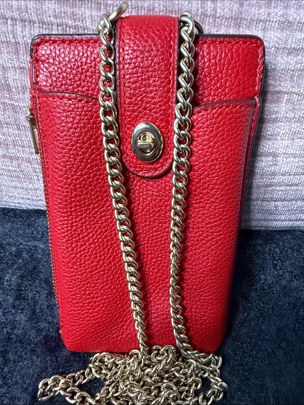 Red Pebbled Leather Phone Crossbody with Gold Chain strap - Picture 5 of 8